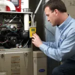 certified Legit Air technician diagnosing and repairing a modern furnace in a Fullerton, California home basement